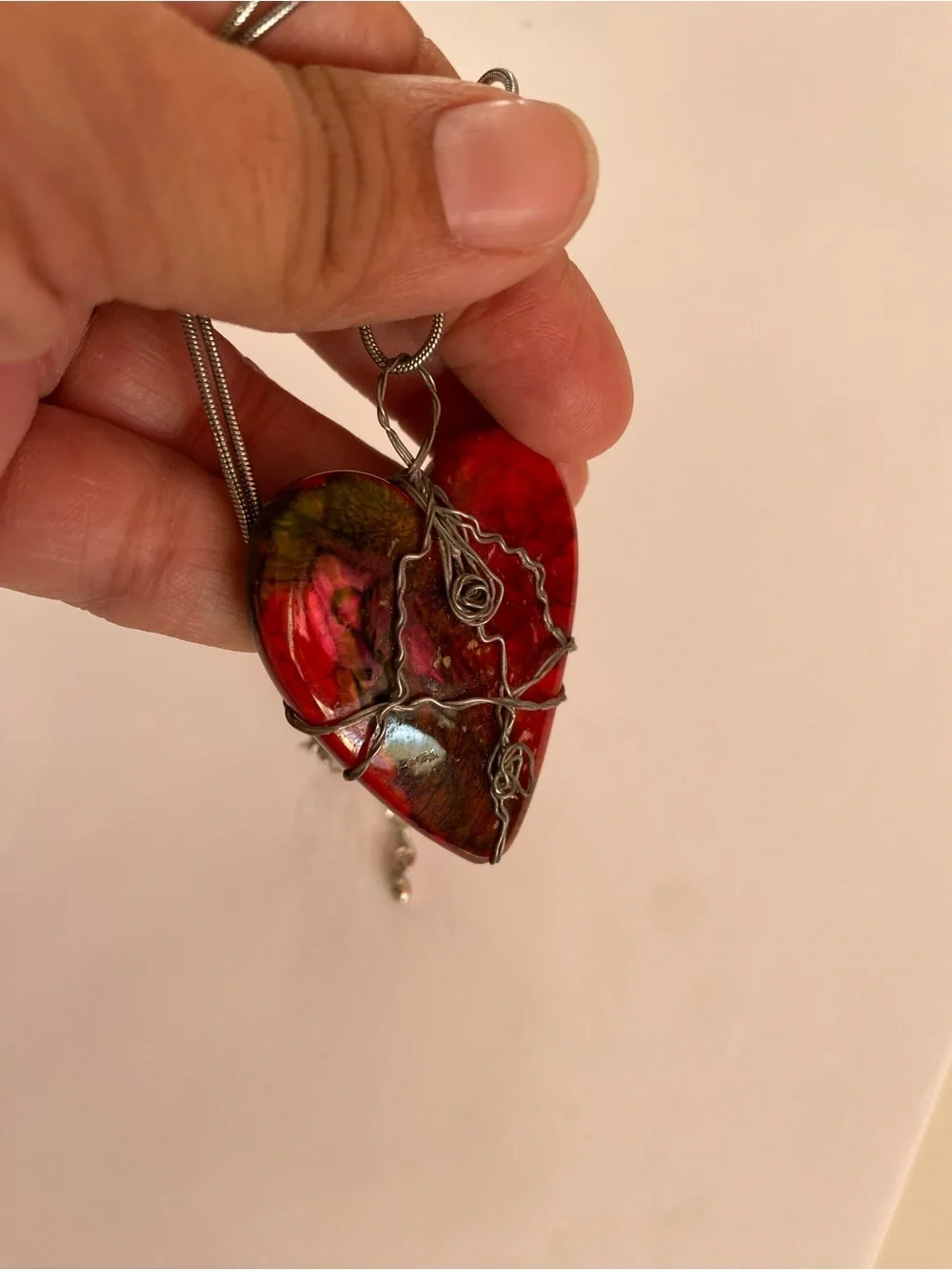 Red Heart Pendant Necklace with Silver Wire Accent 12” New